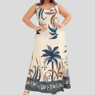 Oferta Vestido Longo Plus Size Florido Estampado Soltinho de Alça